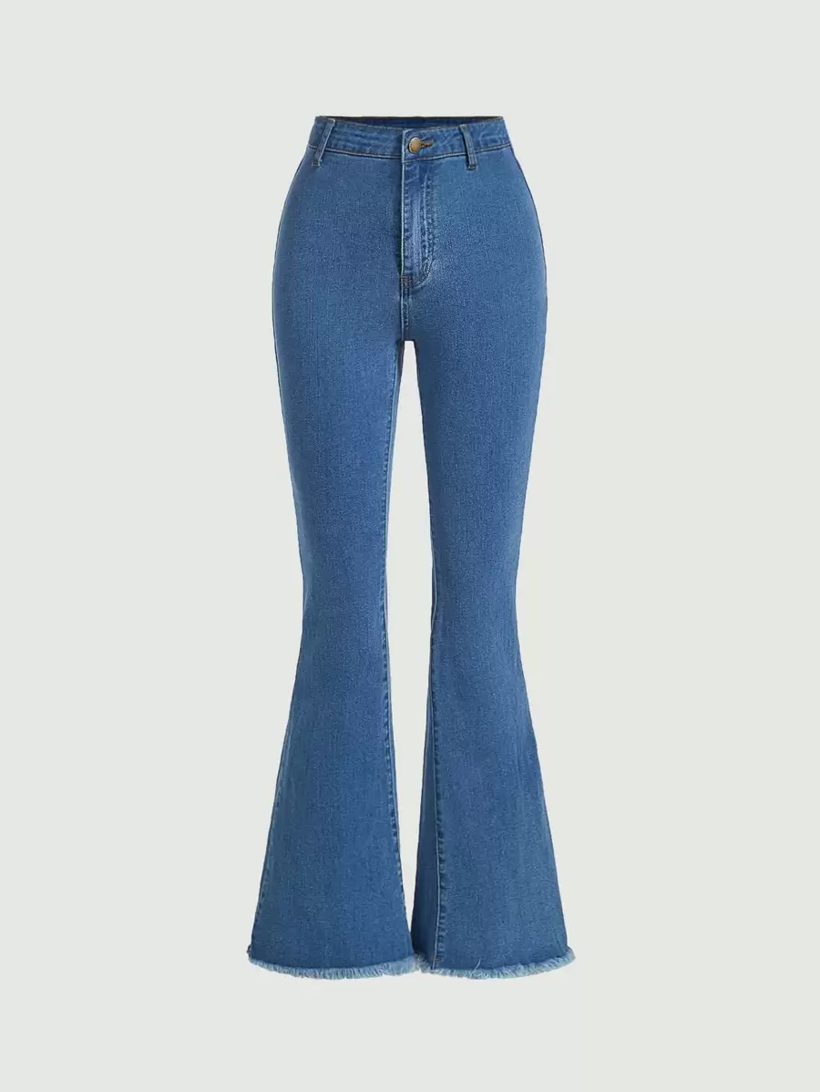 SHEIN Girlism Teen Girls Raw Hem Flare Leg Jeans - Medium Wash - View 1