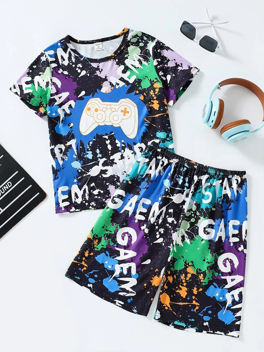 Boys Gamepad & Letter Graphic PJ Set - Multicolor - View 1