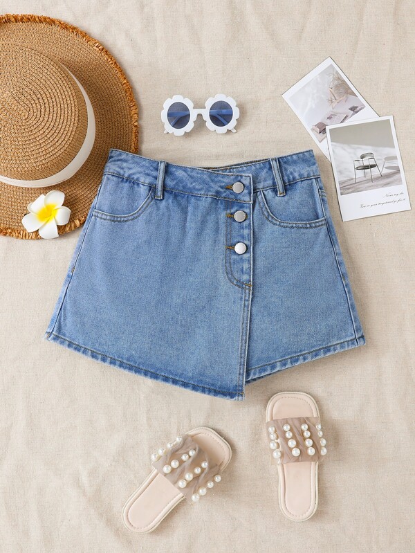 SHEIN Eenkleurig Denim shorts voor meisjes Asymmetrisch Zak Voorpand