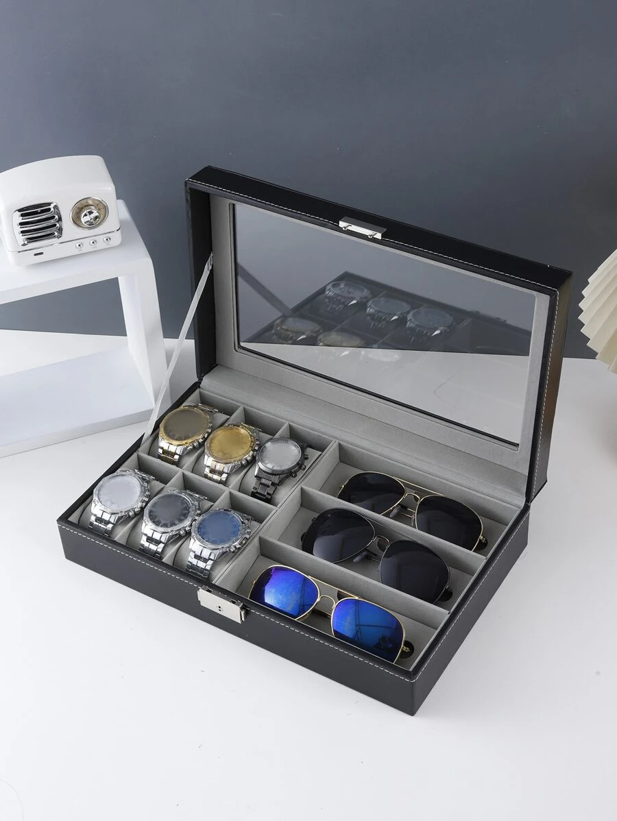 1件套黑色眼镜手表收纳盒套装 - 时尚眼镜手表收纳盒，适合旅行、返校、房间装饰 - 黑色 - 查看 1