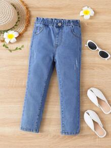 SHEIN 小女童貓抓痕紙袋腰牛仔褲 - 淺色水洗藍 - 查看 1