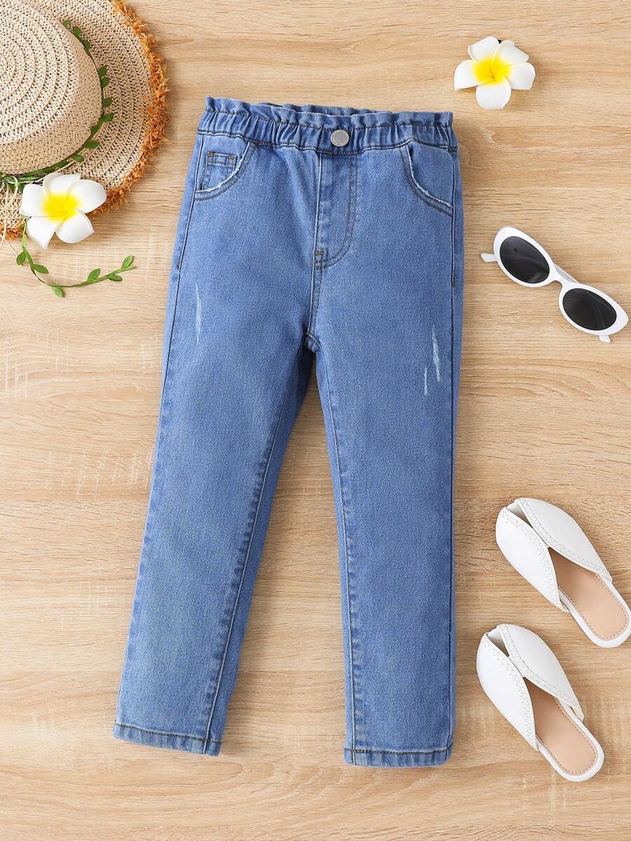 SHEIN 小女童貓抓痕紙袋腰牛仔褲 - 淺色水洗藍 - 查看 1