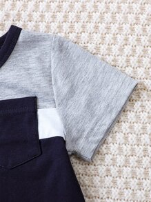 Mały chłopiec Kolorowe bloki Kieszeń połatana Koszulka i spodenki - Granatowy - Zobacz 6