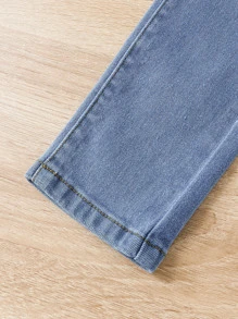 SHEIN 小女童貓抓痕紙袋腰牛仔褲 - 淺色水洗藍 - 查看 4