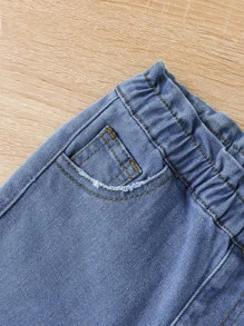 SHEIN 小女童貓抓痕紙袋腰牛仔褲 - 淺色水洗藍 - 查看 6