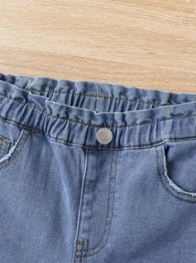 SHEIN 小女童貓抓痕紙袋腰牛仔褲 - 淺色水洗藍 - 查看 7