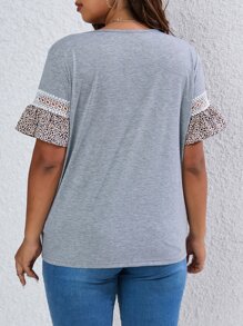 SHEIN LUNE Plus Dot Print Contrast Lace Flounce Sleeve Tee - Grey - View 2