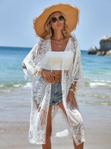 Swim Vcay Embroidery Mesh Tassel Trim Drop Shoulder Kimono Summer