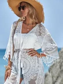 Swim Vcay Embroidery Mesh Tassel Trim Drop Shoulder Kimono Summer