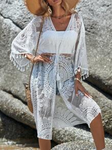 Swim Vcay Embroidery Mesh Tassel Trim Drop Shoulder Kimono Summer