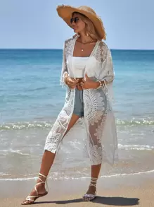 Swim Vcay Embroidery Mesh Tassel Trim Drop Shoulder Kimono Summer