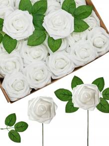 25 件/盒人造玫瑰，5 色粉色和 5 色紫色假泡沫玫瑰带茎，假玫瑰适用于 DIY 婚礼花束、家居装饰、派对、节日、花园装饰、情人节、圣诞节装饰 - 白色 - 查看 3