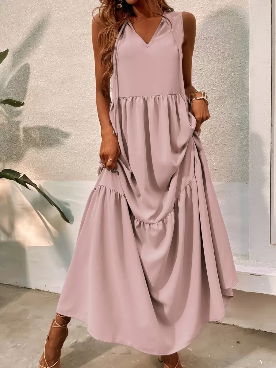Yellow V Neck Button Layered Hem Smock Dress
