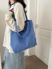 灯芯绒拉链手提包，女士时尚单肩包，休闲购物袋，大容量杂货袋，适合旅行、野餐、露营、户外探险 - 藍色 - 查看 5