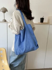 灯芯绒拉链手提包，女士时尚单肩包，休闲购物袋，大容量杂货袋，适合旅行、野餐、露营、户外探险 - 藍色 - 查看 6