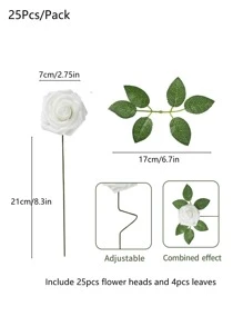 25 件/盒人造玫瑰，5 色粉色和 5 色紫色假泡沫玫瑰带茎，假玫瑰适用于 DIY 婚礼花束、家居装饰、派对、节日、花园装饰、情人节、圣诞节装饰 - 白色 - 查看 6