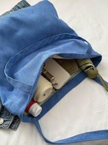 灯芯绒拉链手提包，女士时尚单肩包，休闲购物袋，大容量杂货袋，适合旅行、野餐、露营、户外探险 - 藍色 - 查看 9