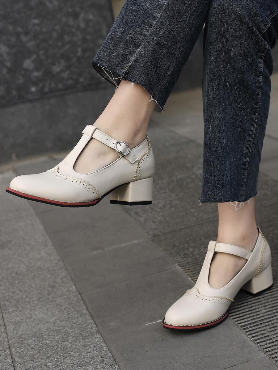 優雅瑪麗珍淺口皮鞋適用於女士貝殼邊粗跟淺口皮鞋