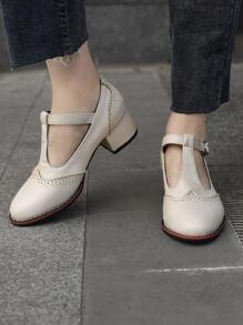 優雅瑪麗珍淺口皮鞋適用於女士貝殼邊粗跟淺口皮鞋