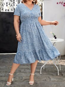 SHEIN Clasi Plus Ditsy Floral Print Ruffle Hem Dress - Blue and White - View 4