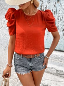 SHEIN VCAY Puff Sleeve Keyhole Back Blouse - Orange - View 6