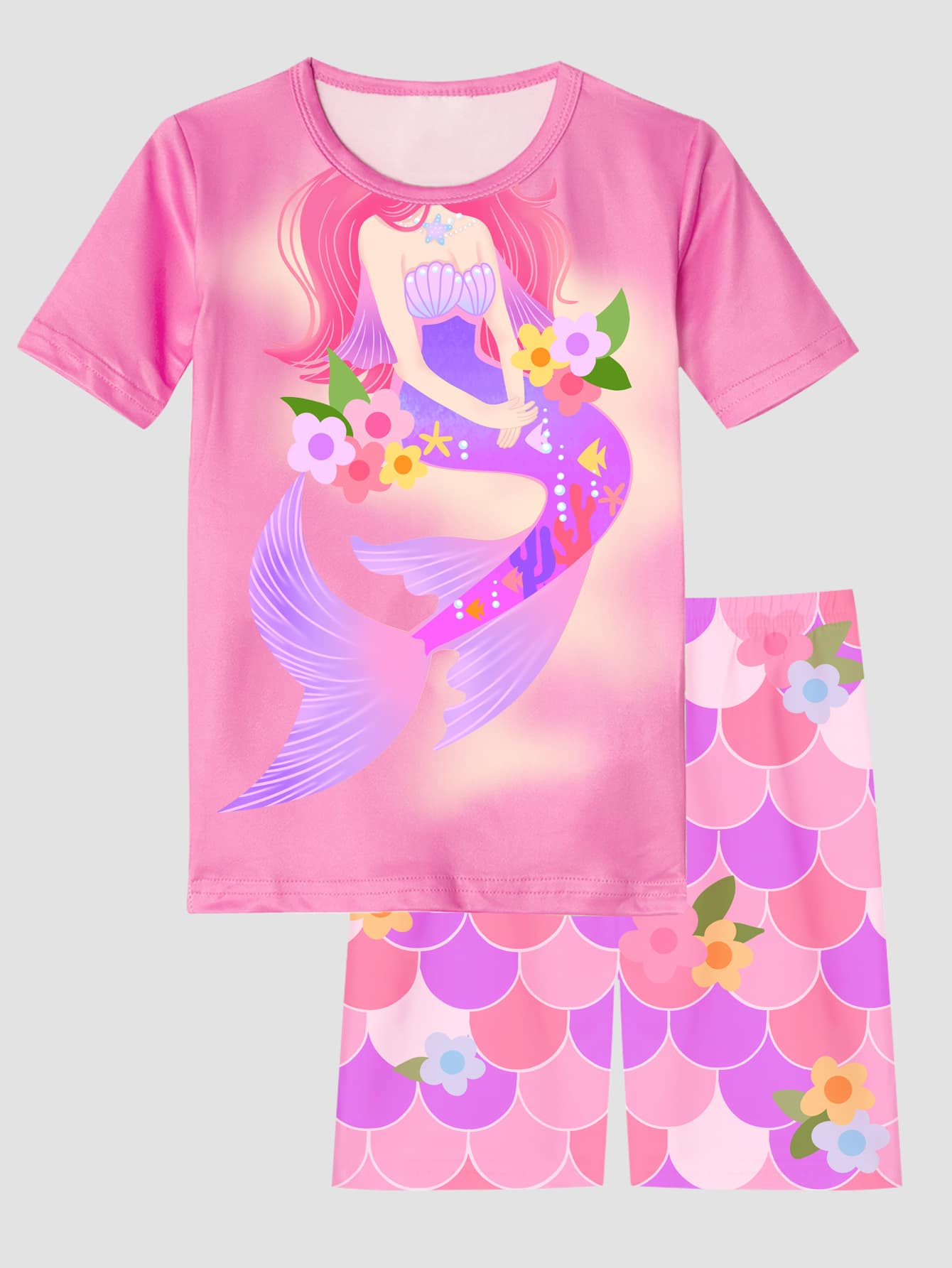 Girls Mermaid & Fish Scales Print Snug Fit PJ Set - Pink - View 1