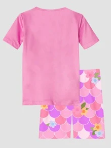 Girls Mermaid & Fish Scales Print Snug Fit PJ Set - Pink - View 2