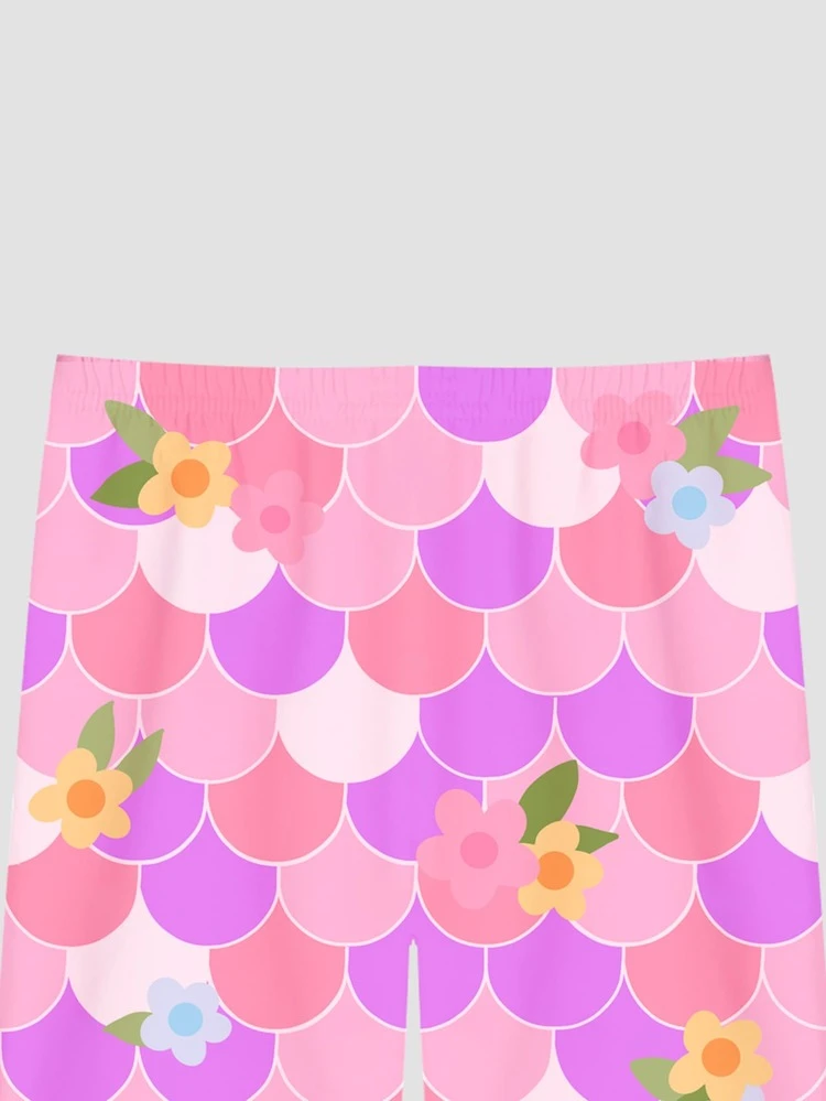 Chicas Conjunto de pijama sirena & con estampado de escamas de pescado ajustado - Rosa - Añade 4