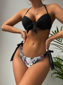 Bộ bikini thắt nút phía trước in họa tiết nhiệt đới mùa hè - màu đen - Xem 1