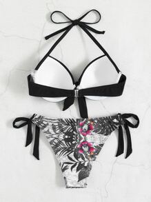 Bộ bikini thắt nút phía trước in họa tiết nhiệt đới mùa hè - màu đen - Xem 2