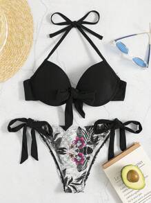 Bộ bikini thắt nút phía trước in họa tiết nhiệt đới mùa hè - màu đen - Xem 6
