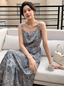 DAZY Paisley Print Ruffle Hem Cami Dress Sundress - Grey - View 5