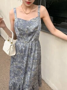 DAZY Paisley Print Ruffle Hem Cami Dress Sundress - Grey - View 8