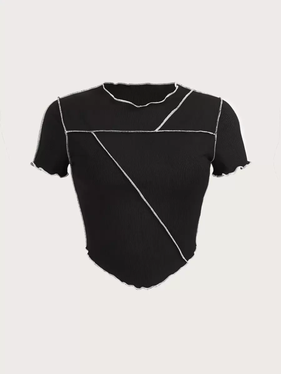 SHEIN ICON 拼接頂針木耳邊T恤 - 黑色 - 查看 1