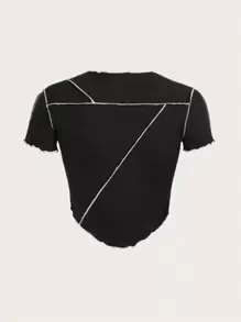 SHEIN ICON 拼接頂針木耳邊T恤 - 黑色 - 查看 2