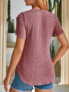 SHEIN 孕婦紐扣細節弧形下擺T恤 - 紅木色 - 查看 2