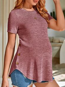 SHEIN 孕婦紐扣細節弧形下擺T恤 - 紅木色 - 查看 3