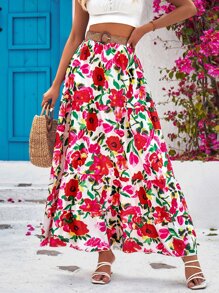 SHEIN VCAY Allover Floral Print Ruffle Hem Skirt Without Belt - White - View 1