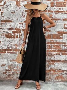 SHEIN LUNE Đầm màu trơn Giải trí - màu đen - Xem 3