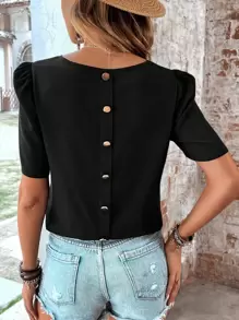 SHEIN LUNE 素色泡泡袖襯衫 - 黑色 - 查看 1