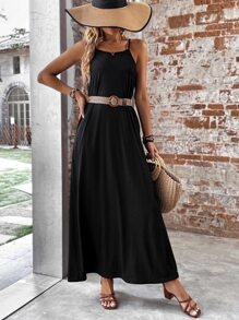 SHEIN LUNE Đầm màu trơn Giải trí - màu đen - Xem 5