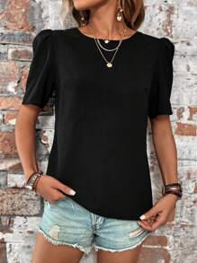 SHEIN LUNE 素色泡泡袖襯衫 - 黑色 - 查看 3