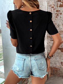 SHEIN LUNE 素色泡泡袖襯衫 - 黑色 - 查看 5