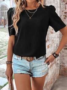 SHEIN LUNE 素色泡泡袖襯衫 - 黑色 - 查看 4