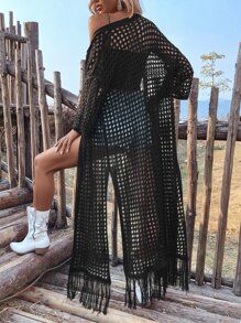 Hollow Out Fringe Hem Drop Shoulder Open Knit Kimono,Summer Beach - Black - View 1