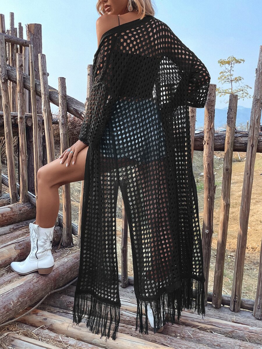 Hollow Out Fringe Hem Drop Shoulder Open Knit Kimono,Summer Beach - Black - View 1