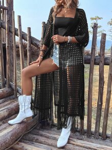 Hollow Out Fringe Hem Drop Shoulder Open Knit Kimono,Summer Beach - Black - View 4