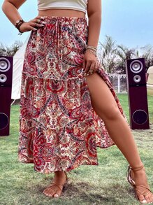 SHEIN LUNE Plus Paisley Print Tie Waist Ruffle Hem Skirt - Multicolor - View 1