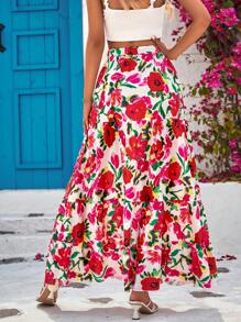 SHEIN VCAY Allover Floral Print Ruffle Hem Skirt Without Belt - White - View 2