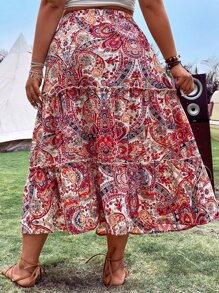 SHEIN LUNE Plus Paisley Print Tie Waist Ruffle Hem Skirt - Multicolor - View 2